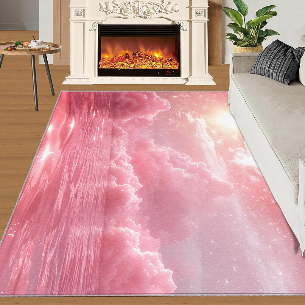 Clouds Rugs for Living Room 6x8 Rug, Pink Clouds Area Rug, Dreamlike Sky Rugs, Large Machine Washable Rug, Non-Slip Floor Carpet for Bedroom Kids Room Home Decor