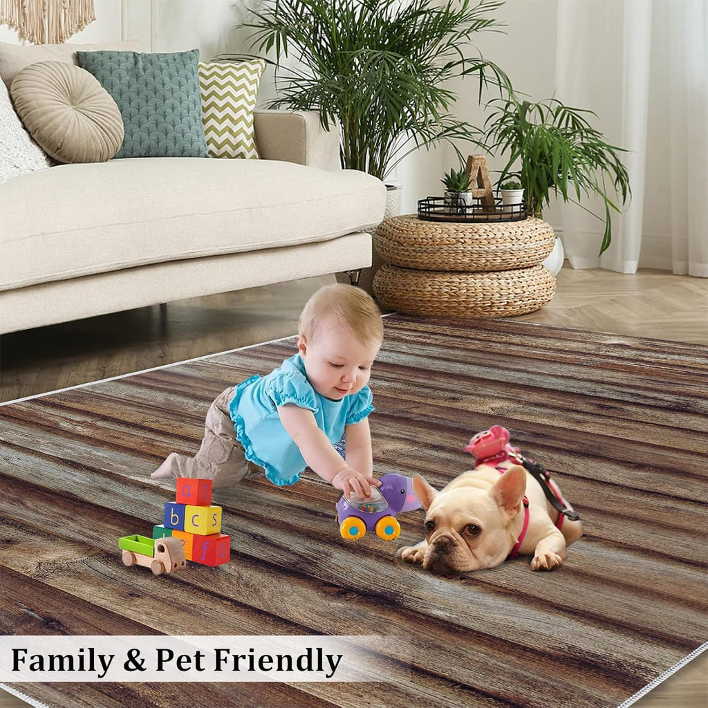 Brown Striped Wood Texture Area Rug, Modern Simple Rugs for Living Room, Easy Clean Carpet Washable Indoor Non-Slip Rug for Boys and Girls Nursery Bed Living Room Carpets Nursery Decor,6 x 8ft