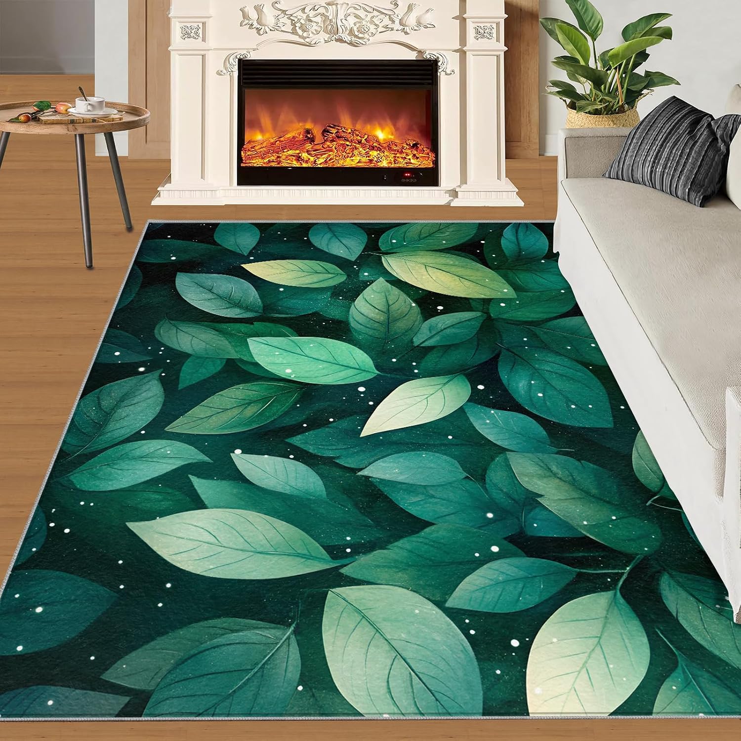 Green Leaves Rug 6x8-6x8 Rug, Modern Area Rugs for Living Room Bedroom, Green Botanical Area Rugs, Watercolor Plant Washable Carpet, Botanical Carpet, Leaves Home Decor & Gifts