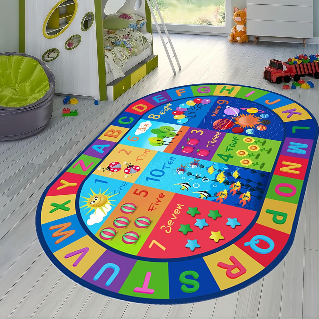 Children's Learning Area Rug,6x8ft,ABC Letters Early Learning Classroom Rug, Oval Puzzle Fun Preschool Rugs, Suitable for Playroom Daycare Room Elementary School Classroom Children's Game Decoration
