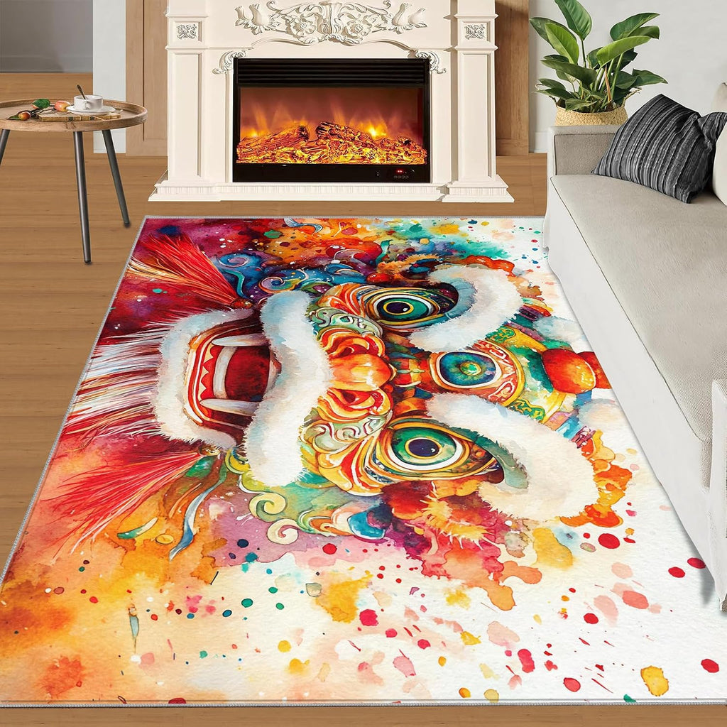 Chinese Tradition Rugs for Bedroom, Lion Dance Rug 6x8, Chinese New Year Decor Dining Room Rugs Washable & Non Slip Large Carpet for Home Decor