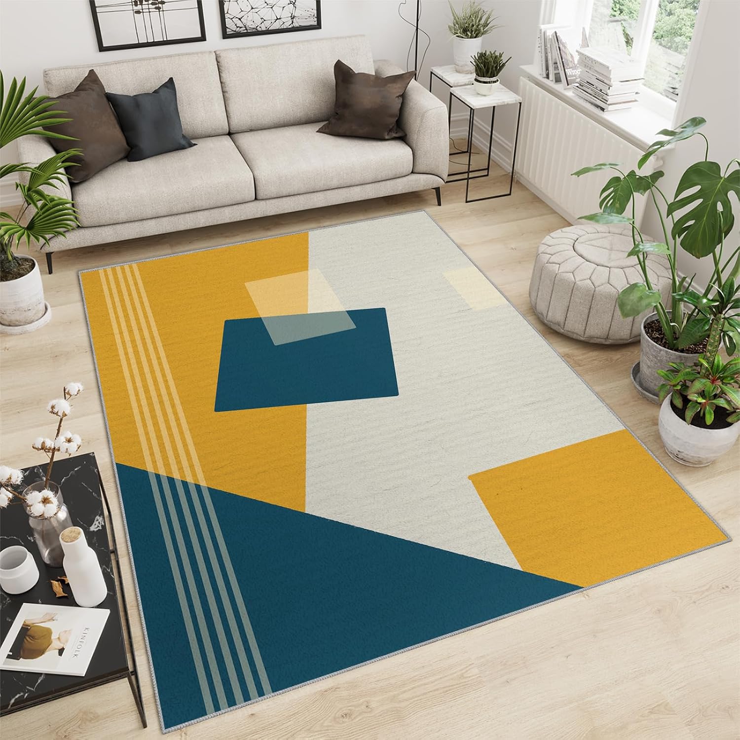 Blue Yellow Geometric Area Rug, European Minimalist Rugs for Living Room, Indoor Non-Slip Kids Rugs, Machine Washable Breathable Durable Carpet for Front Entrance Floor Decor,6 x 8ft