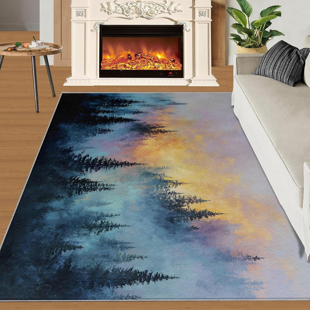 Forest Rugs for Bedroom, Misty Forest Rug 6x8, Natural Scenery Dining Room Rugs Washable & Non Slip Large Carpet for Home Decor
