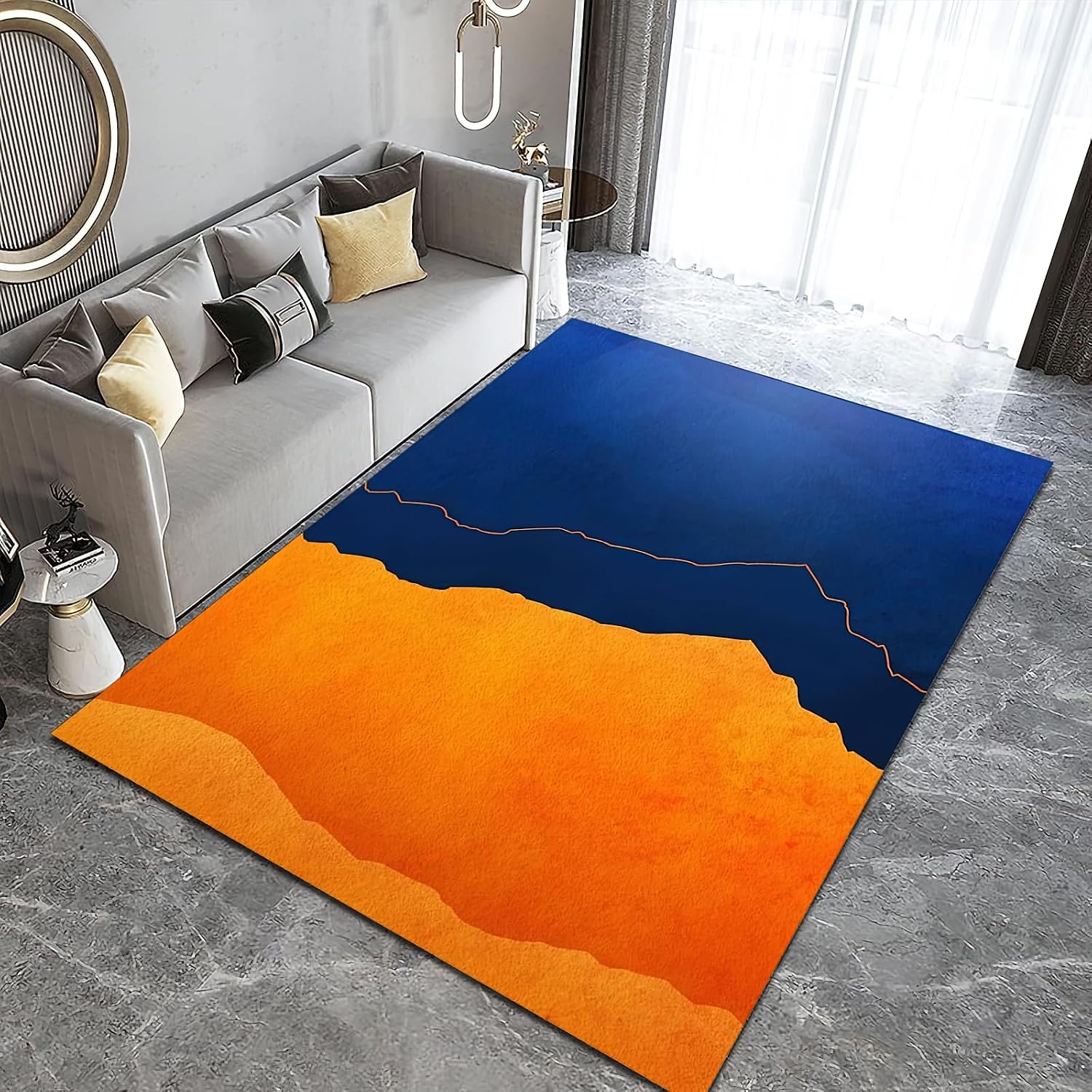 Retro Orange Blue Gradient Area Rug, Modern Simple Two-Color Patchwork Indoor Non Slip Living Room Rug, Machine Washable Durable Carpet for Bedroom Kitchen Dining Room Home - 5 ft x 7 ft