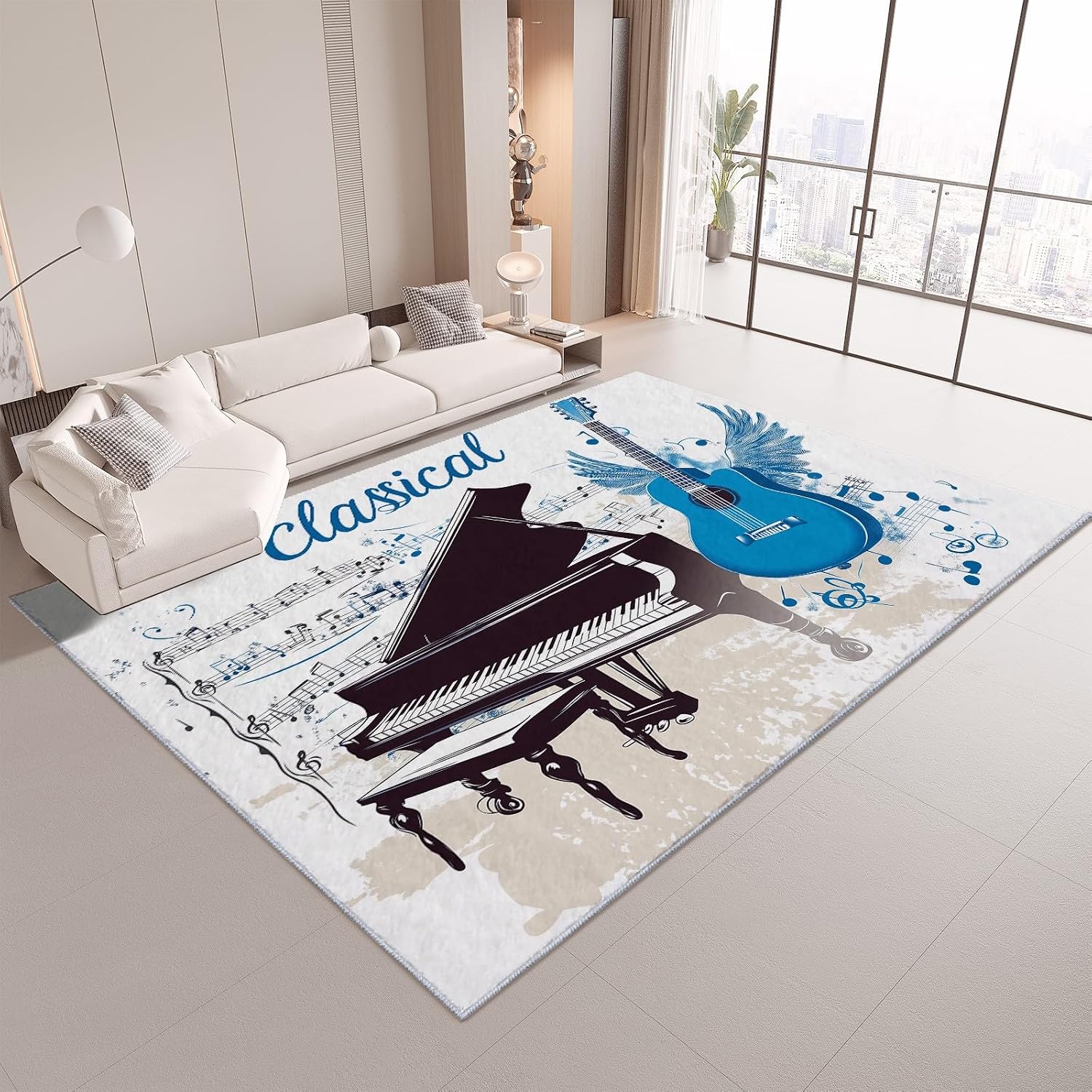 Area Rug for Living Room 5x7 ft Piano Guitar Musical Instruments Washable Rugs Modern Soft Non-Slip Rug Non-Shedding Indoor Carpet for Bedroom Dining Room Home Office Kids Playroom