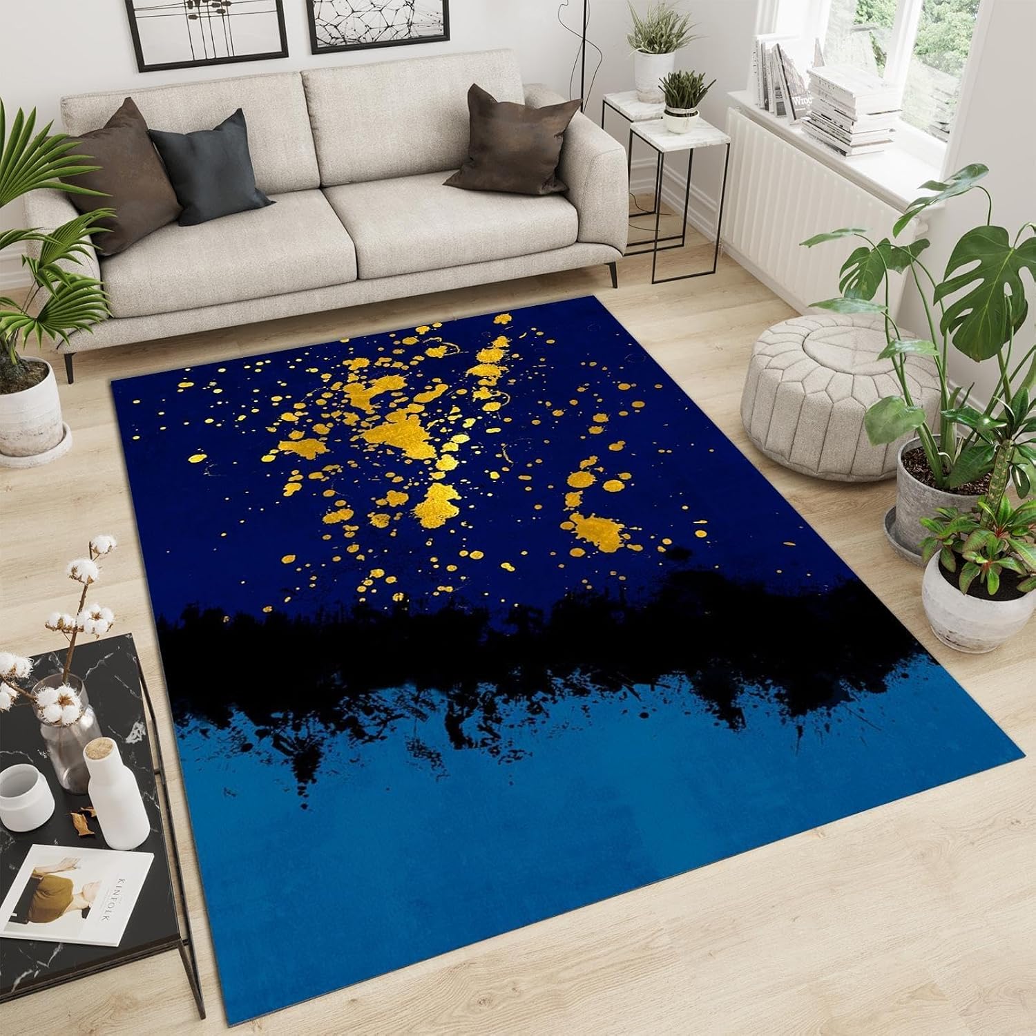 6x8 Rug Blue Black Gold Ink Texture Non-Slip Kids Rug, Abstract Vintage Watercolor Art Upholstery Rug with Non-Slip Backing for Kids Boys Girls Bedroom Living Room Dining Room Study