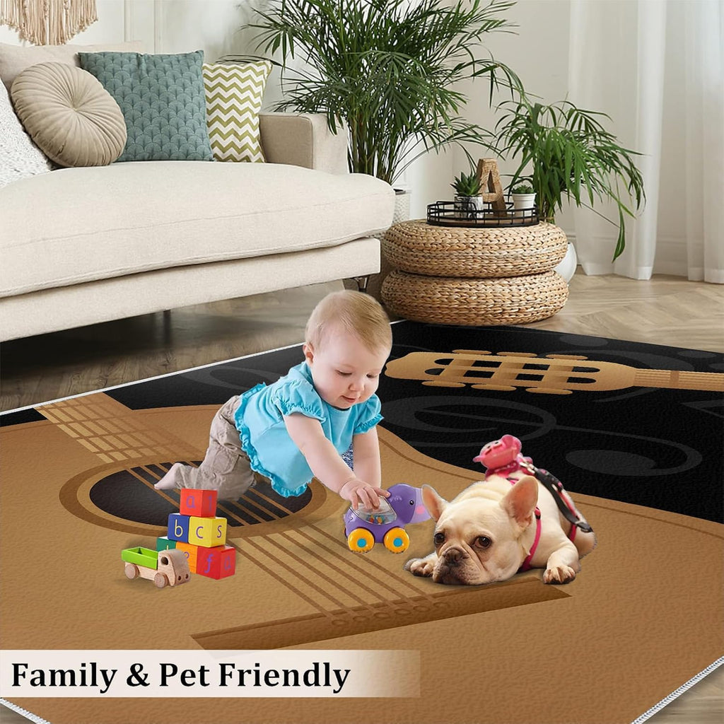 Classical Guitar Music Area Rug, Modern Black Rugs for Living Room, Indoor Non-Slip Kids Rugs, Machine Washable Breathable Durable Carpet for Front Entrance Floor Decor,8 x 10ft