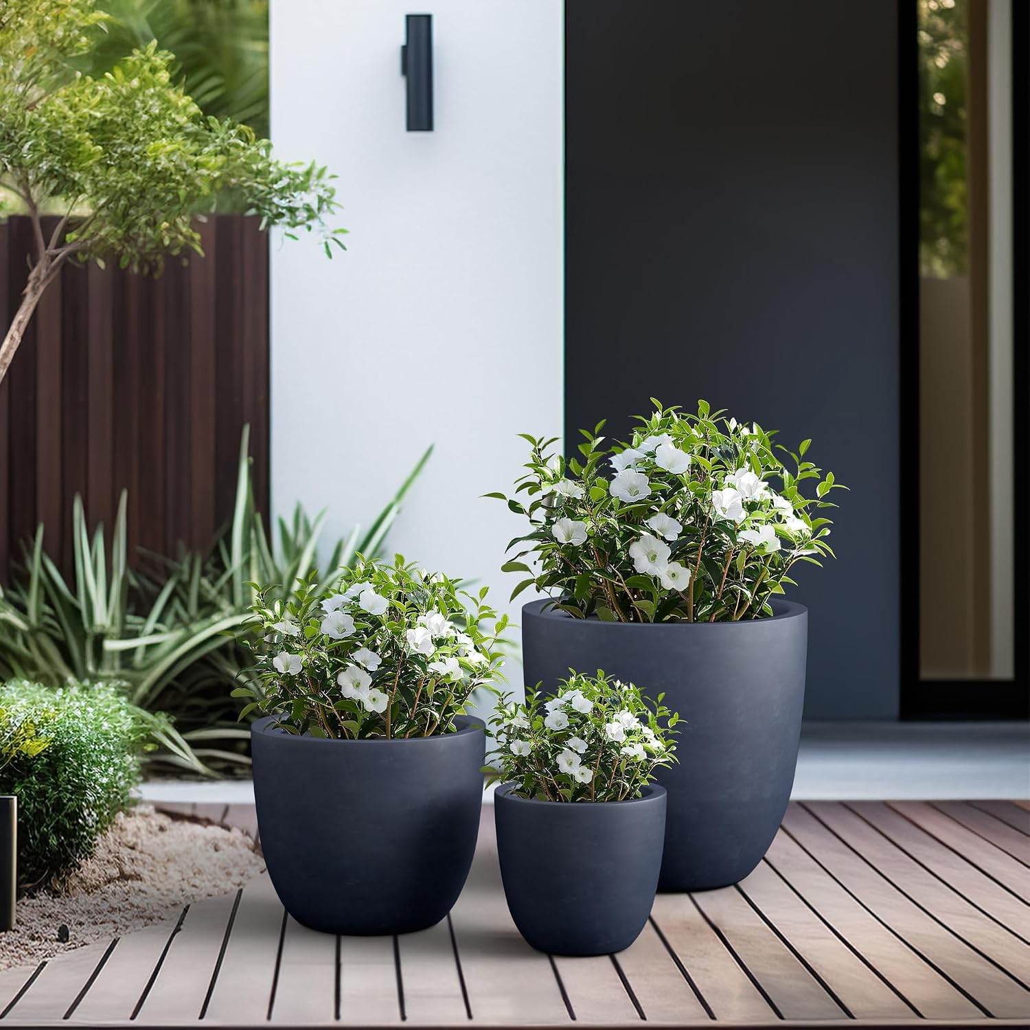 Kante 18',14',10' Dia Concrete Round Planters (Set of 3), Outdoor Indoor Large Planter Pots with Drainage Hole and Rubber Plug for Home Patio Garden, Dark Gray