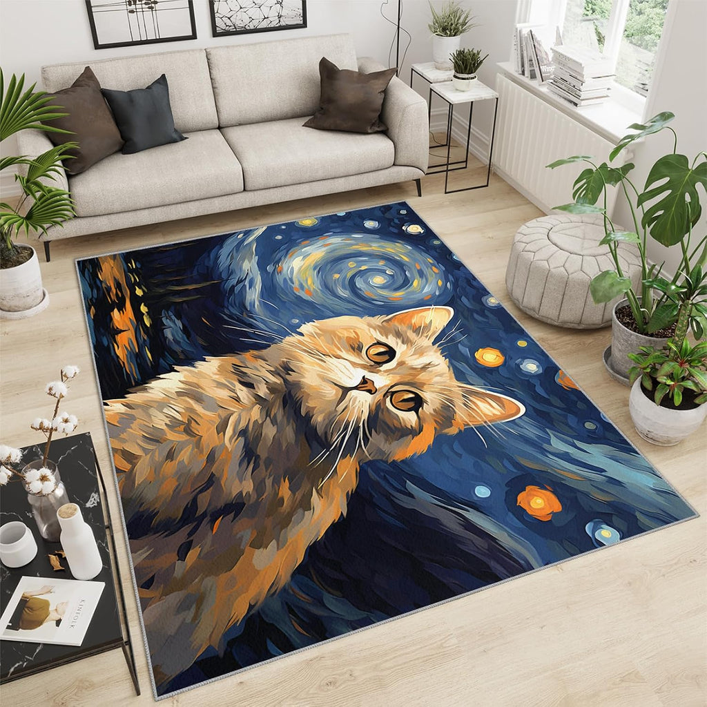 6x8 Area Rug - Starry Sky Golden Gradient Cat Large Rugs for Living Room, Post-Impressionist Art Painting Carpet Area Rug for Girls Bedroom Kids Room Basement Office Classroom