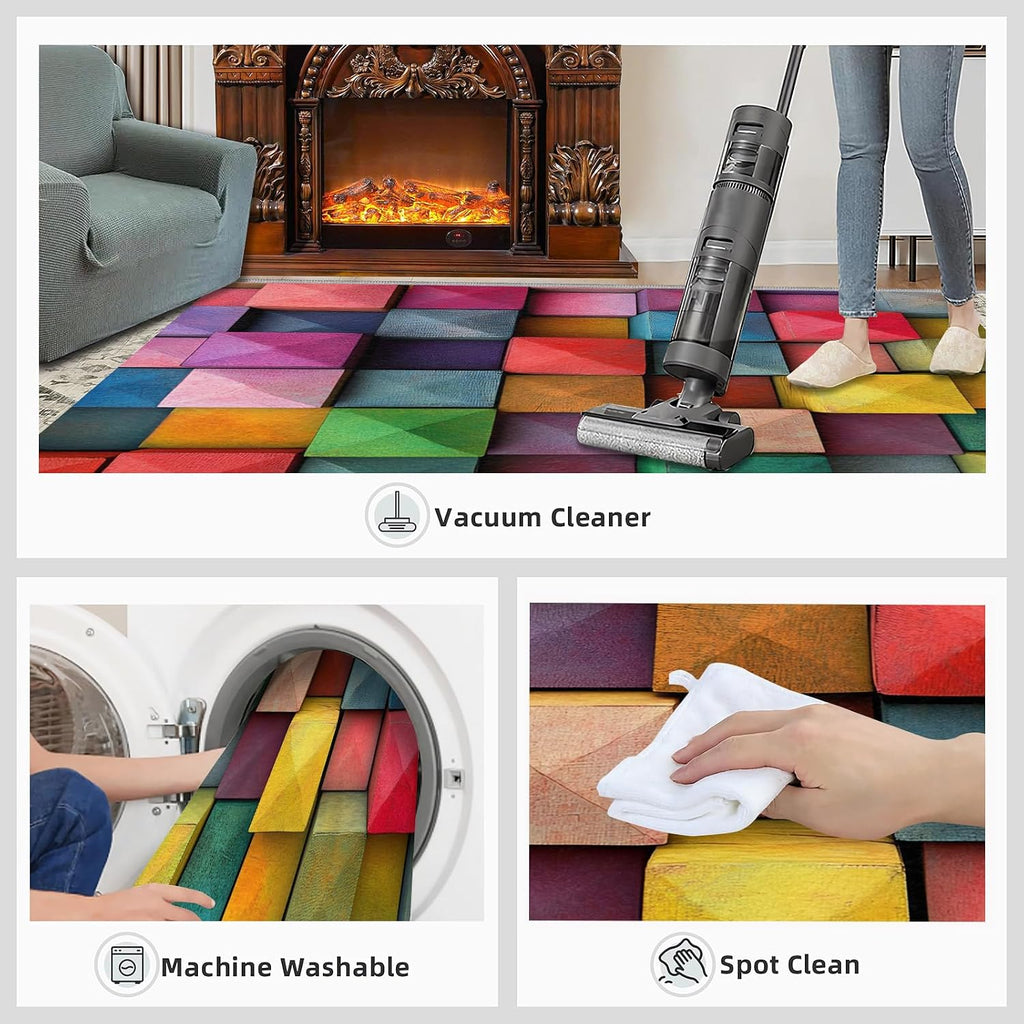 Colorful Rugs for Bedroom, 3D Geometry Area Rug, Abstract Modern Rugs for Living Room, 6x8 Washable Rug Non Slip & Low Pile, Indoor Carpet & Home Decor