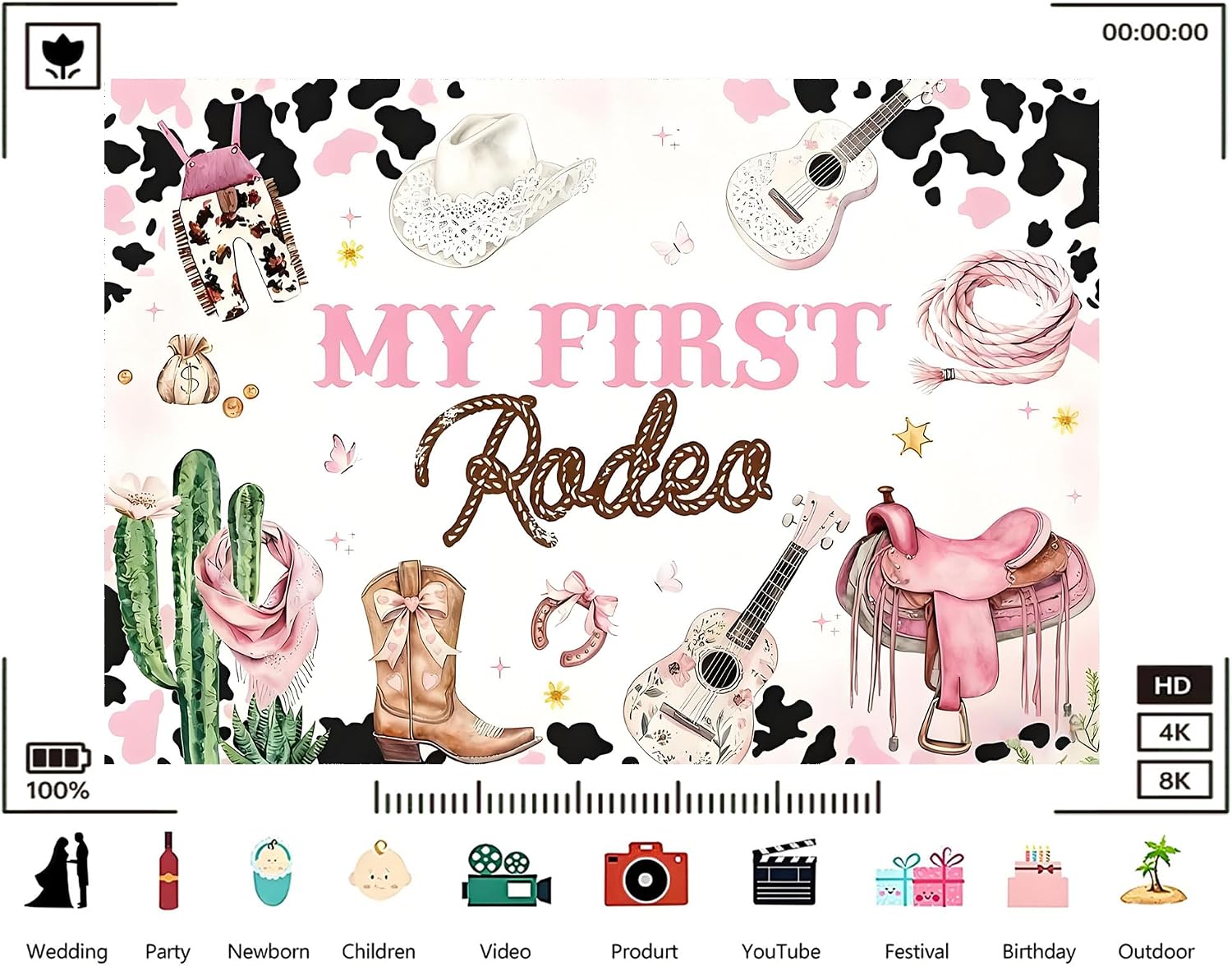 Trykid 20x10ft My First Rodeo Birthday Backdrop Western Cowgirl Pink Cow Cactus Saddle Guitar Photography Background Kids Party Decoration Photoshoot Studio Props Fabric