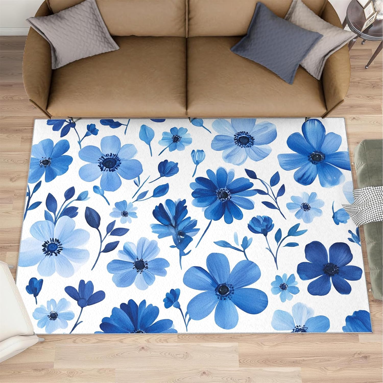 Blue Flowers Area Rug, Watercolor Flowers Living Room Rug, Low Pile Home Decor Carpet for Bedroom Dining Room Farmhouse Floor Mat 6x8
