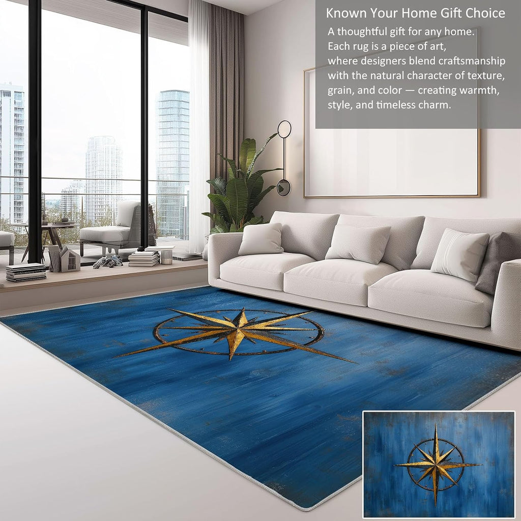 Nautical Theme Print Washable Area Rug 5 x 7 ft for Living Room, Distressed Compass Symbols Non-Slip Rug Kids Nursery Throw Carpet for Bedroom Entryway Dining Room Office Carpets Decor