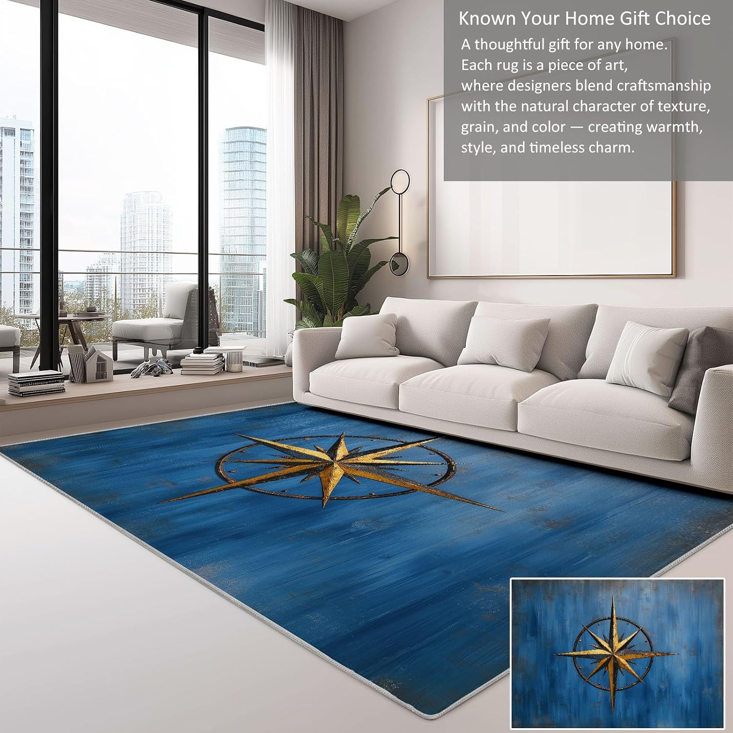 Nautical Theme Print Washable Area Rug 5 x 7 ft for Living Room, Distressed Compass Symbols Non-Slip Rug Kids Nursery Throw Carpet for Bedroom Entryway Dining Room Office Carpets Decor