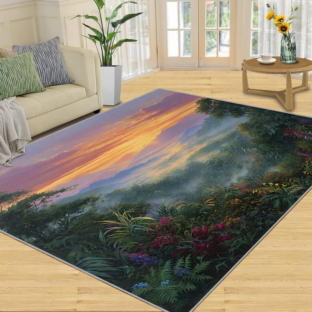 Forest Rugs for Bedroom, Tropical Forest Rug 6x8, Natural Scenery Dining Room Rugs Washable & Non Slip Large Carpet for Home Decor