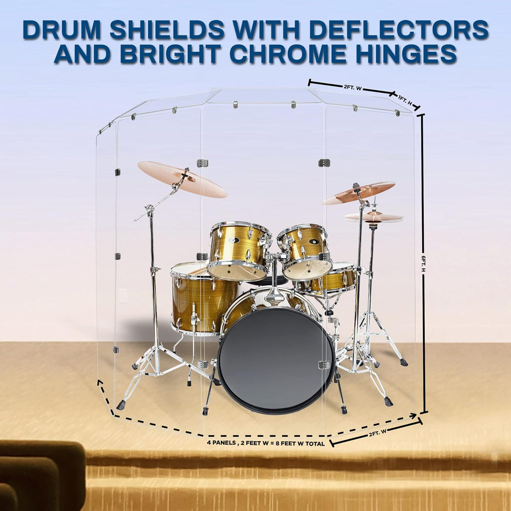 PENNZONI Drum Shield 6ft w/Deflectors & Chrome Hinges, Comes w/ 4 Drum Panels, 4 Deflectors, Chrome Hinges & Deflector Connectors, Premium Clear Acrylic Panels