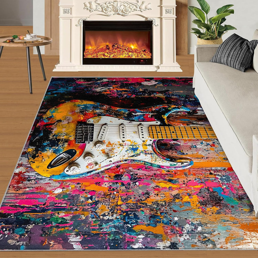 Street Graffiti Area Rugs 6x9 - Electric Guitar Rugs for Living Room, Pop Abstract Art Classroom Rug for Carpet Boy Bedroom Office Nursery Hardwood Home Decor