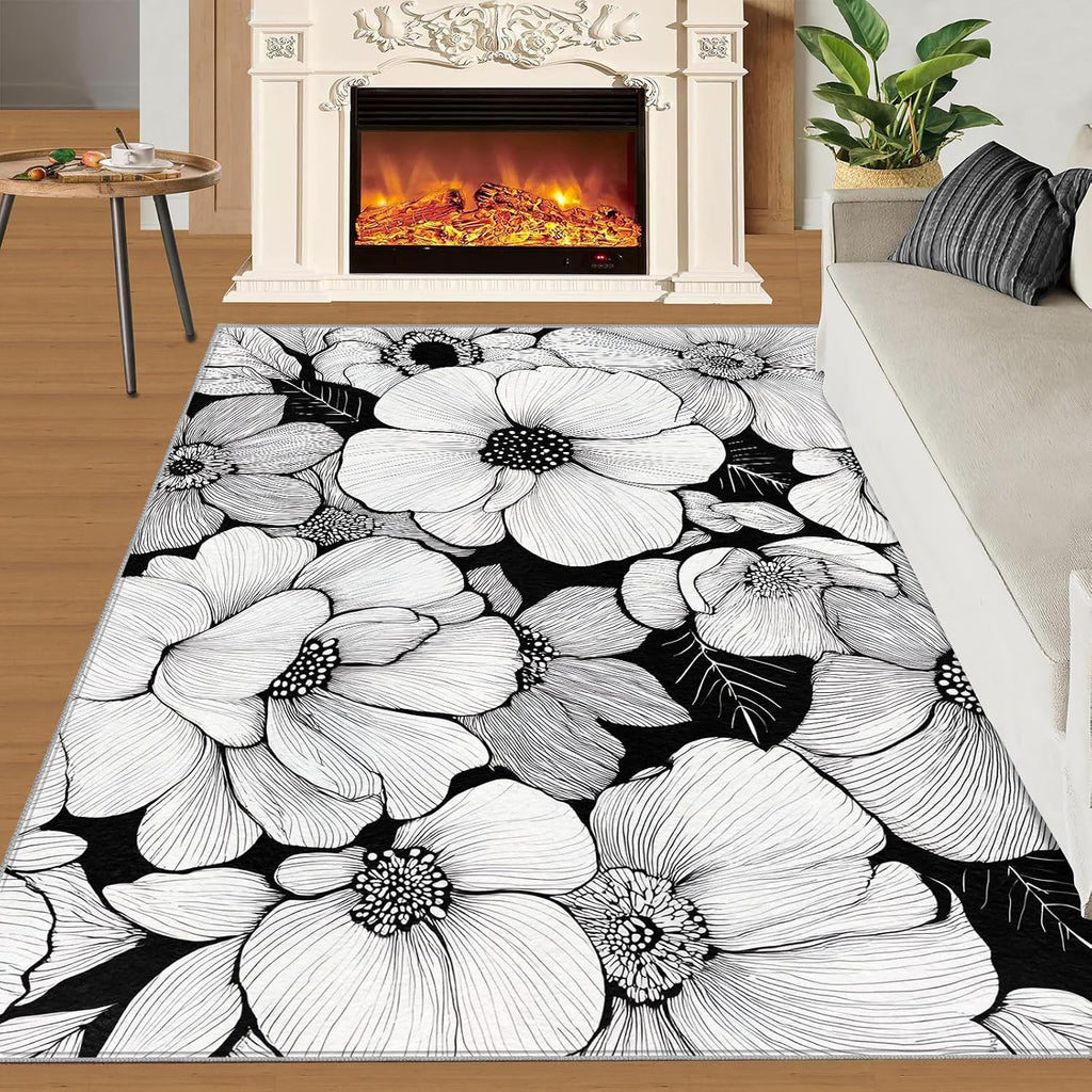 Florals Rugs for Bedroom, Flowers Rug 6x8, Rustic Florals Dining Room Rugs Washable & Non Slip Large Carpet for Home Decor