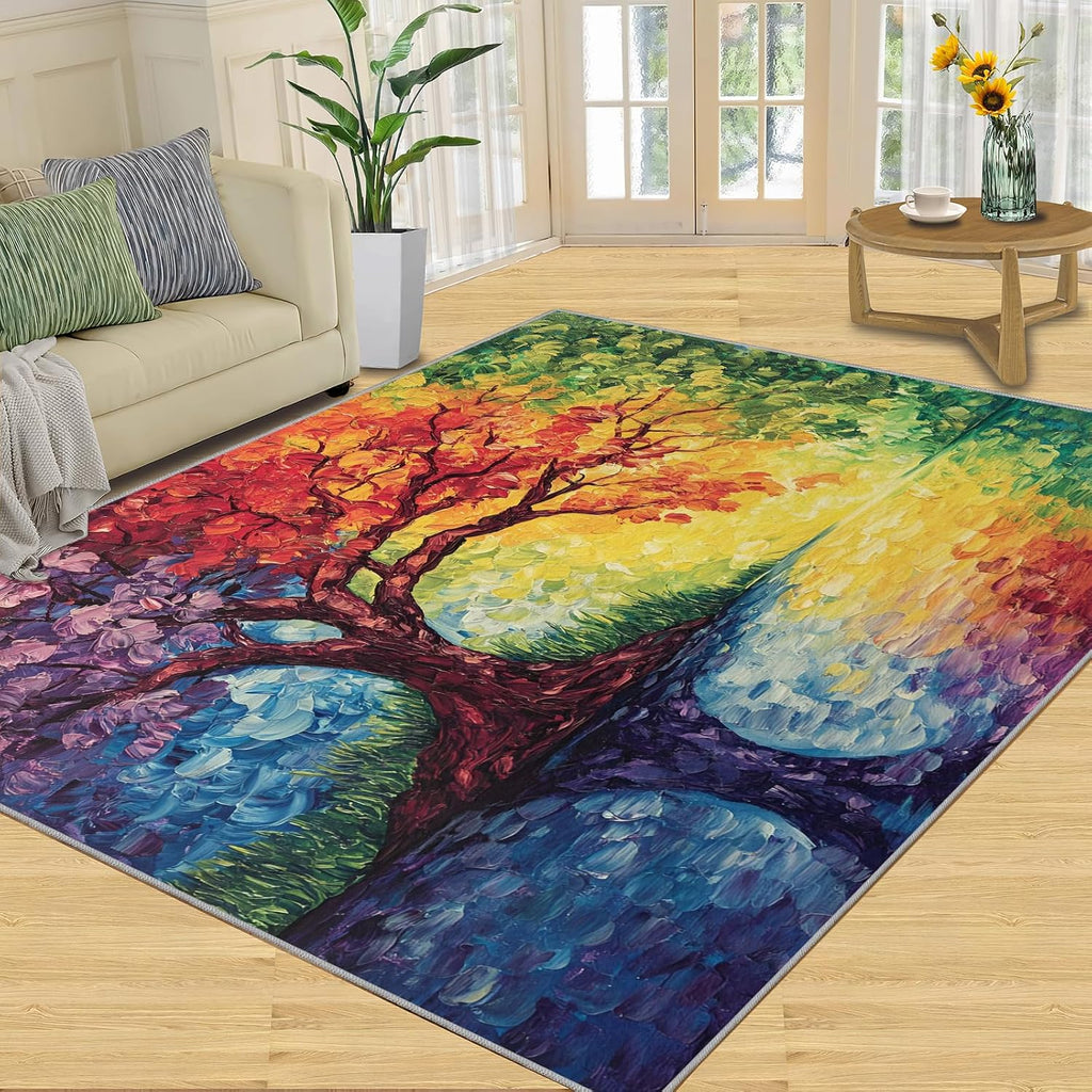 Colorful Tree Area Rug 6x8 - Tree of Life Large Rugs for Living Room, Abstract Oil Painting Carpet Area Rug for Girls Bedroom Kids Room Basement Office Classroom