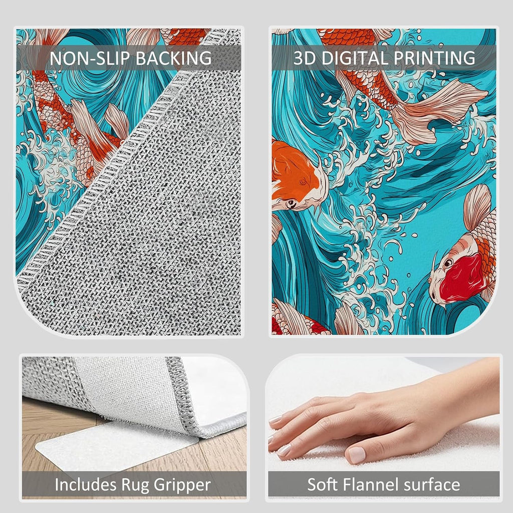 Water Waves Animals Fish Print Area Rug 5 x 7 ft for Living Room, Soft Washable Carpet for Bedroom Japanese Art Style Non-Slip Rug - Stain Resistant Carpets for Kids Playroom Classroom Dining Room