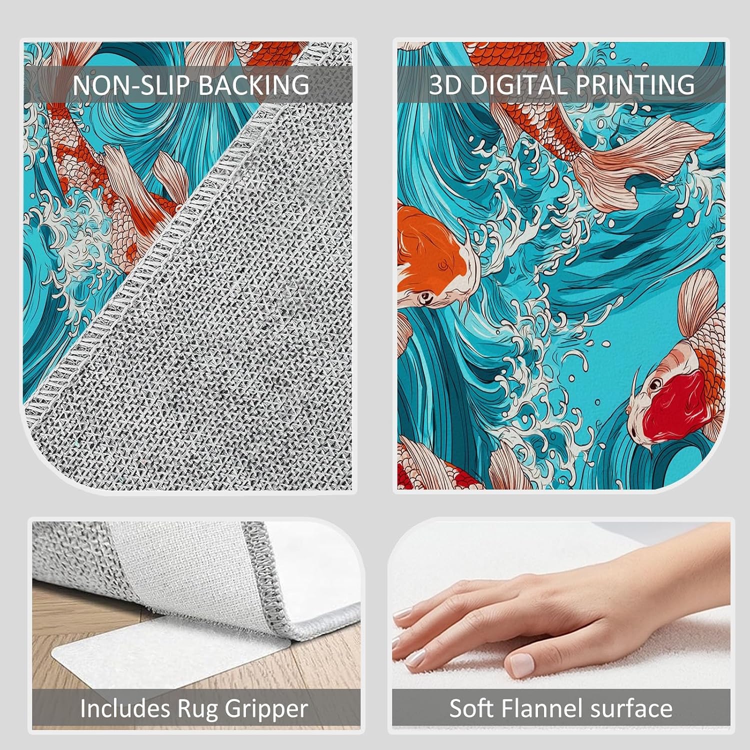 Water Waves Animals Fish Print Area Rug 5 x 7 ft for Living Room, Soft Washable Carpet for Bedroom Japanese Art Style Non-Slip Rug - Stain Resistant Carpets for Kids Playroom Classroom Dining Room