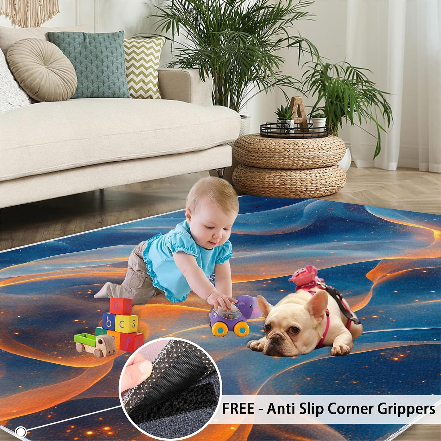 Washable Rugs Blue Rug & Home Decor, Golden Area Rug 6x9, Non Slip & Low Pile Carpet, Abstract Rugs for Bedroom Living Room
