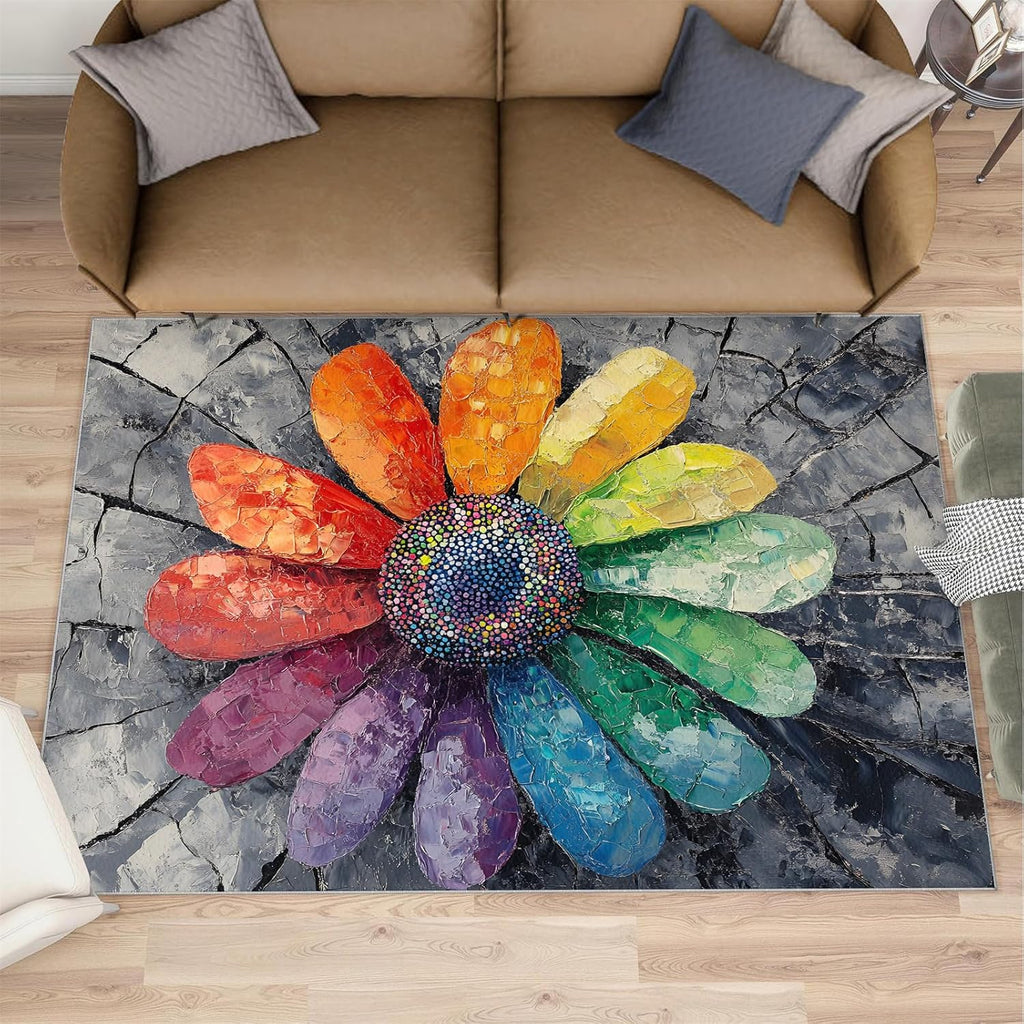 Colorful Flowers Rug 6x8, Sunflower Area Rug, Distressed Flowers Rugs for Living Room, Decor Rugs for Bedroom, Low Pile Non Slip Carpet