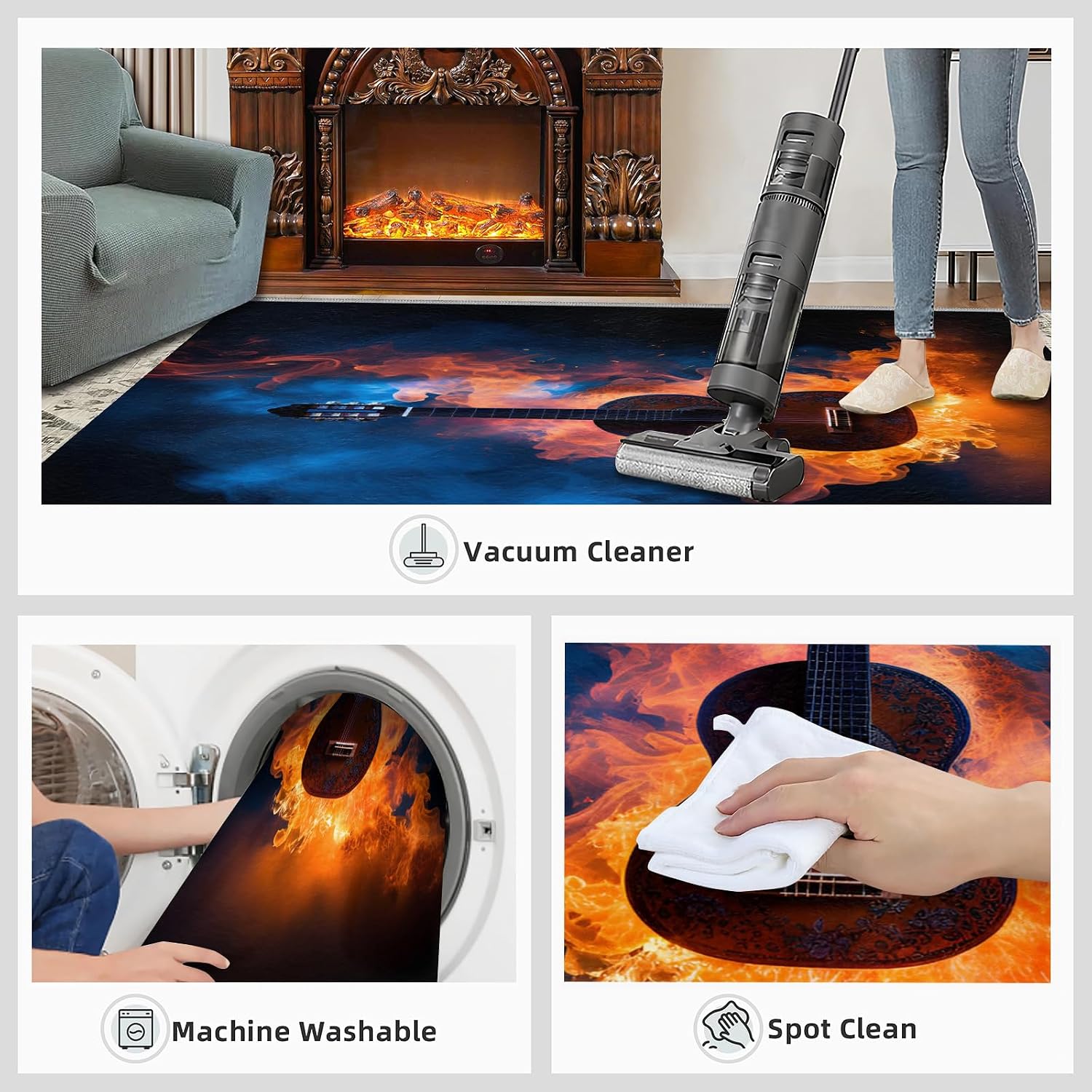 Guitar Rugs for Music Room - 5x7 Rug, Music Home Decor, Boys Musical Washable Rugs for Living Room Bedroom, Burning Area Rug, Rock and Roll Carpet, Electric Guitars Gifts for Men