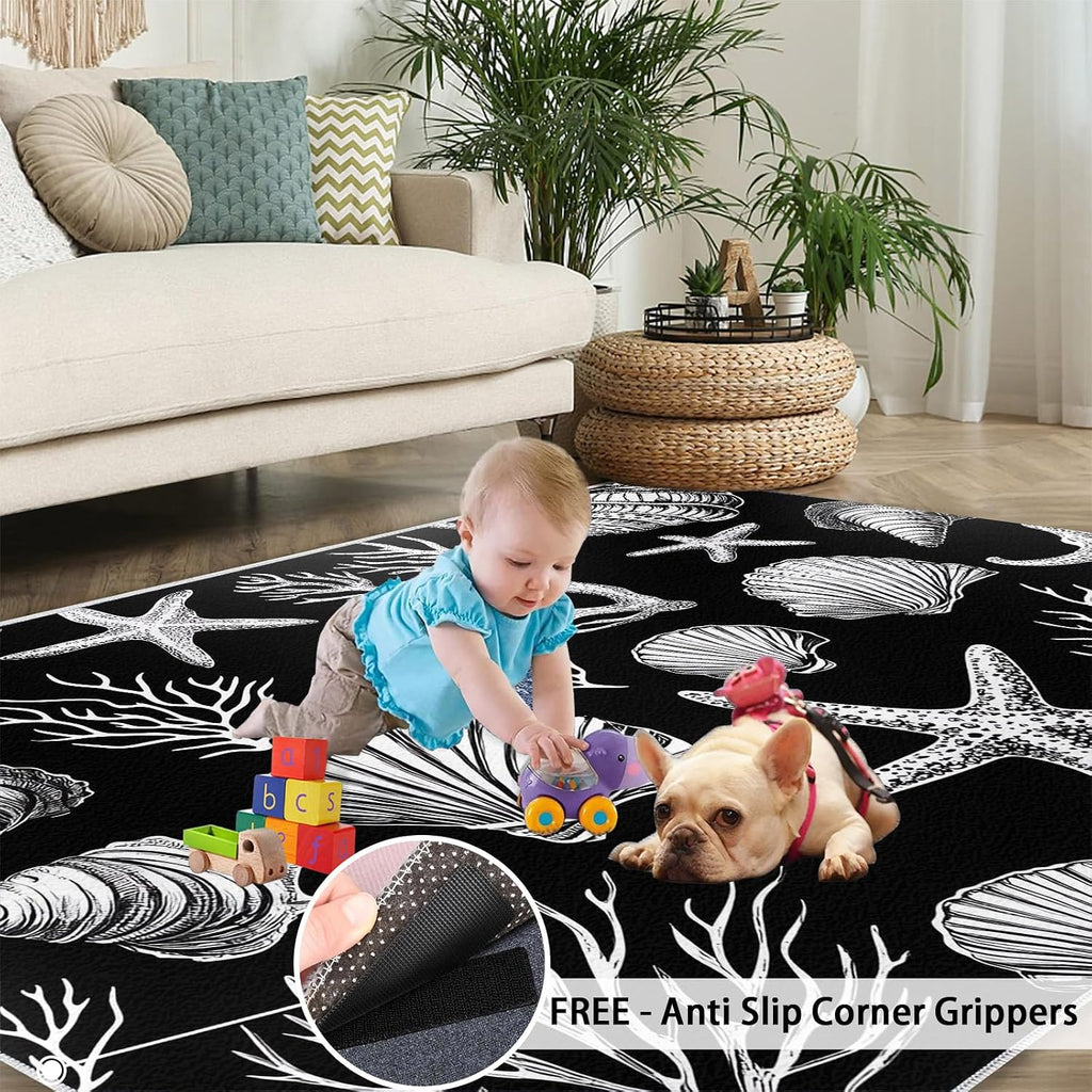 Coastal Rugs for Bedroom, Shells Rug 6x8, Coral Dining Room Rugs Washable & Non Slip Large Carpet for Home Decor