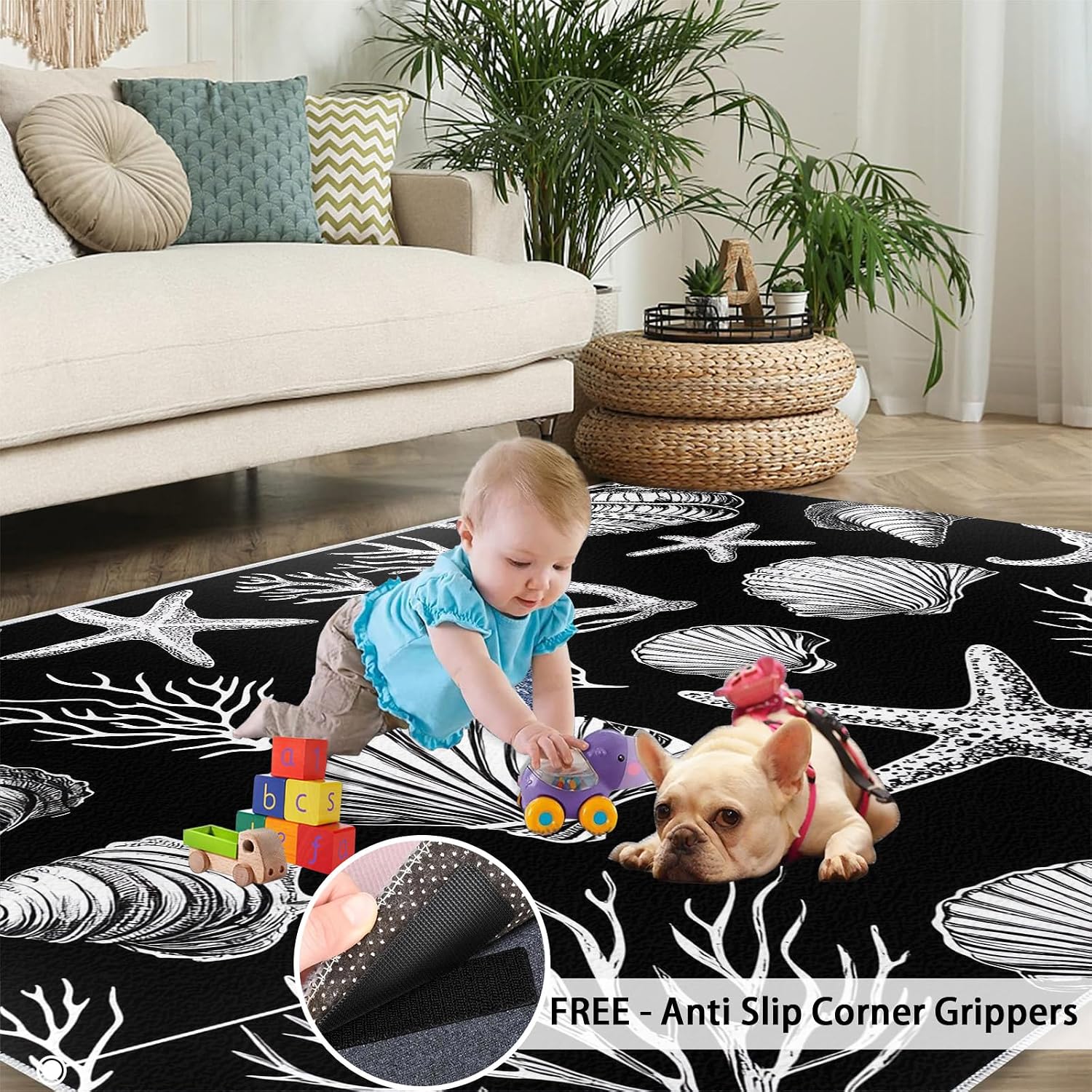 Coastal Rugs for Bedroom, Shells Rug 6x8, Coral Dining Room Rugs Washable & Non Slip Large Carpet for Home Decor