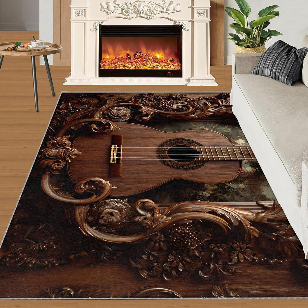 Guitar Area Rug - Musical Instrument Guitar Home Decor Rug - Music Bedroom Rugs, Indoor Non Slip Carpet for Music Classroom Studio Band 6x8ft