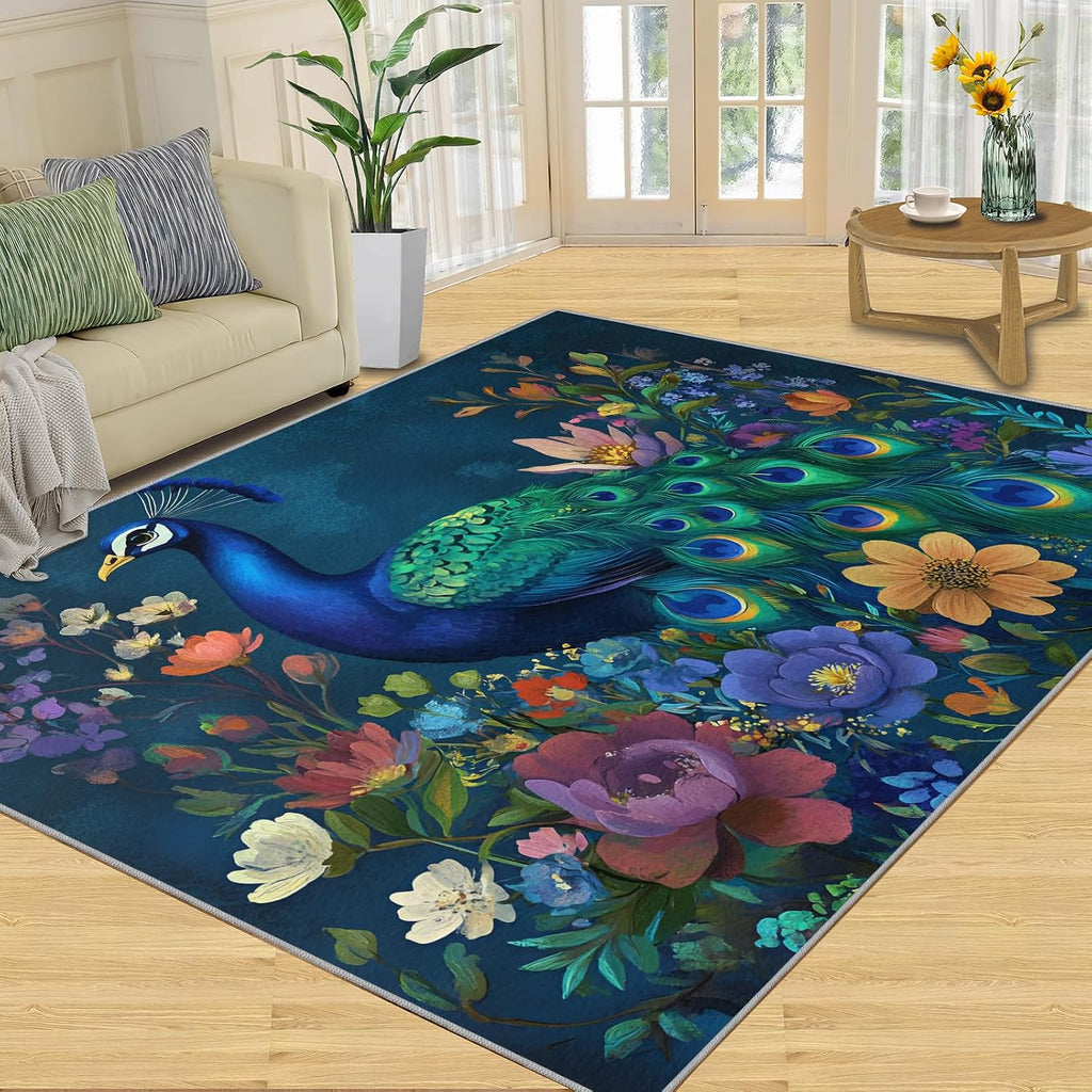 Peacock Rug 6x9 Area Rug Blue Bird Washable Rugs Dark Floral Rugs for Living Room Bedroom Decor Low Pile & Non Slip Indoor Carpet