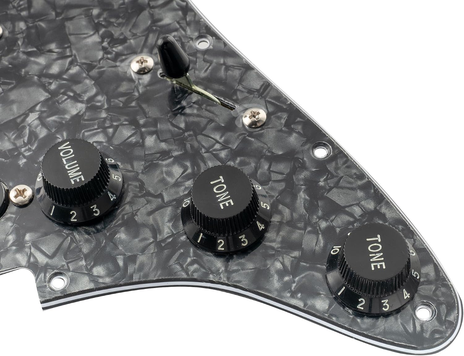 Musiclily Pro Pre-wired Standard SSS Pickguard with Artec Pickups Staggered Alnico 5 Magnet Single Coil Pickups for ST Style Electric Guitar, 4Ply Black Pearl