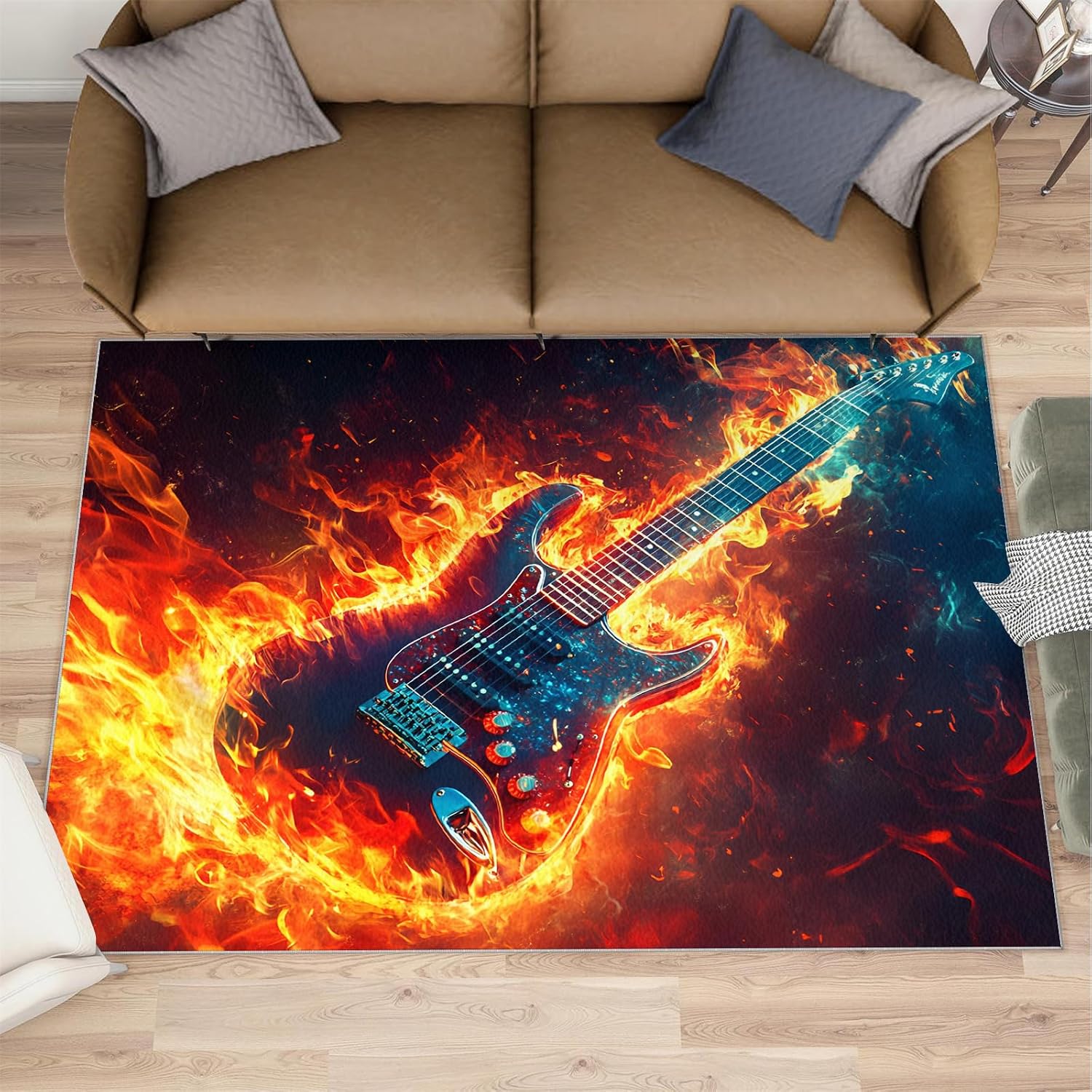 Guitar Living Room Rug, Flame Guitar Area Rug, Washable Bedroom Rugs for Children's Room Dormitory Decor Floor Mat 5x8