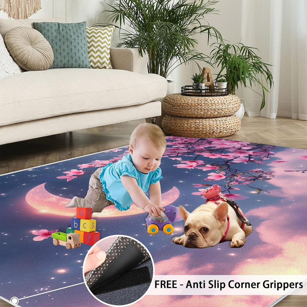 Cherry Blossoms Rug 6x8, Pink Flowers Rugs for Living Room, Japanese Style Rugs for Bedroom, Washable Area Rug, Non Slip Carpet for Hardwood Floors