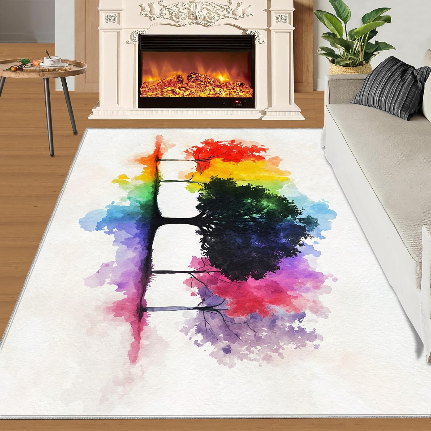 Rainbow Tree Rugs for Bedroom - 6x8 Rug, Watercolor Area Rugs for Living Room, Tree of Life Carpet, Aesthetic Washable Area Mat, Modern Carpet, Trees Home Decor & Gifts