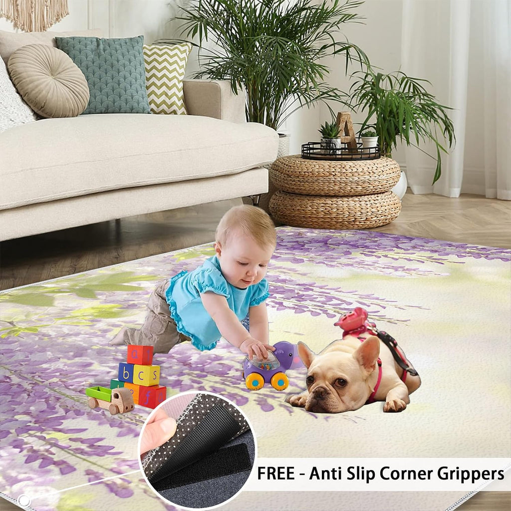 Lavender Rug Large - 6x8 Rug, Purple Wisteria Area Rugs for Bedroom, Modern Floral Rugs for Living Room, Nature Washable Mat, Aesthetic Carpet, Floral Home Decor & Gifts