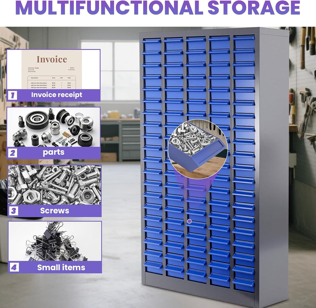100 Drawers Nut and Bolt Organizer, 46' H x 26' D x 9' W Bolt and Nut Tool Storage Cabinet with Acrylic Adjustable Shelves & Label Stickers, Alloy Steel Parts Cabinet for Workshop Garage Organizer