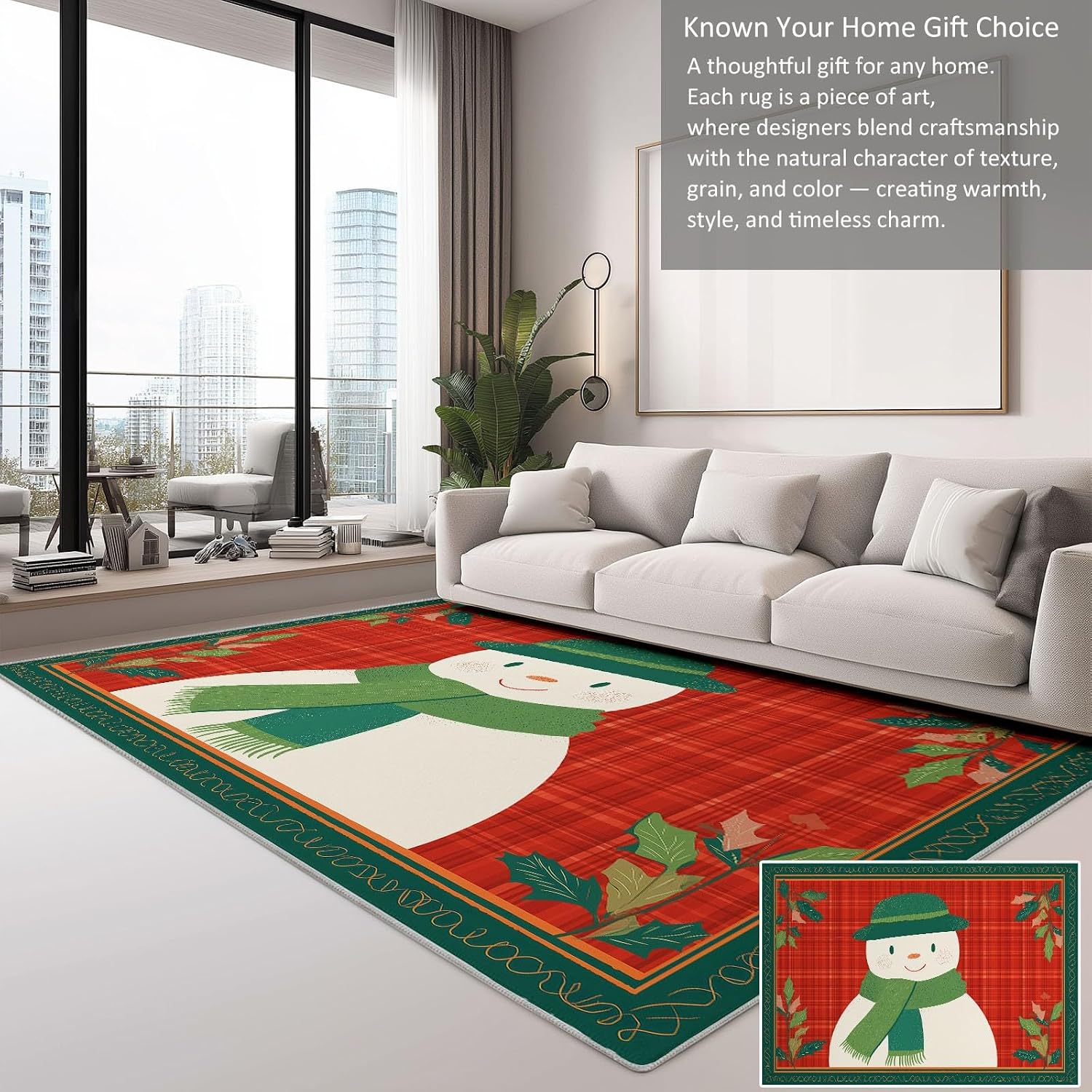 Washable Area Rug 5 x 7 ft, Cartoon Plants Leaves Snowman Soft Print Kids Area Rugs for Living Room - Non-Slip Stain Resistance Red Indoor Carpet for Bedroom Kid Nursery Playroom