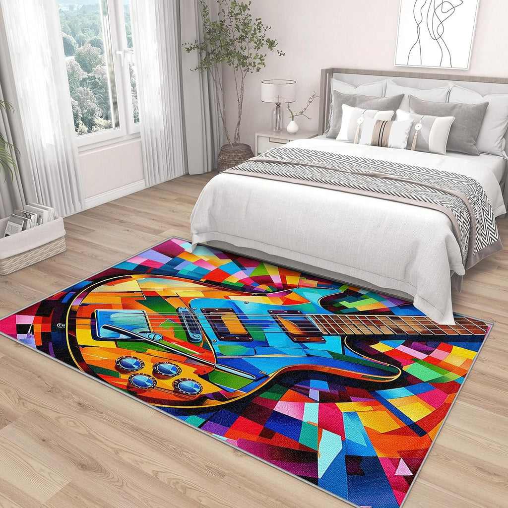 Guitar Rug for Music Room - 5x6 Abstract Colorful Musical Area Rug, Multicolor Carpet, Washable & Non-Slip & Soft Large Rug, Home Decor Gifts