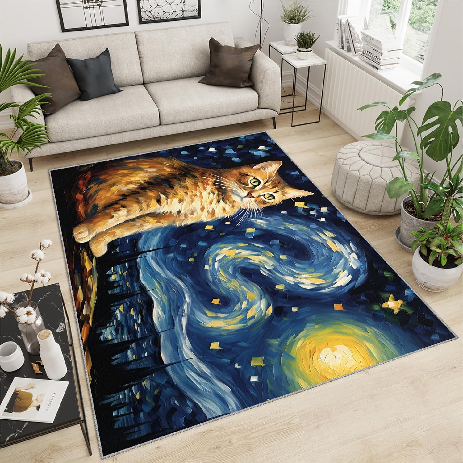6x8 Area Rug - Starry Sky Orange Cat Large Rugs for Living Room, Post-Impressionist Art Painting Carpet Area Rug for Girls Bedroom Kids Room Basement Office Classroom