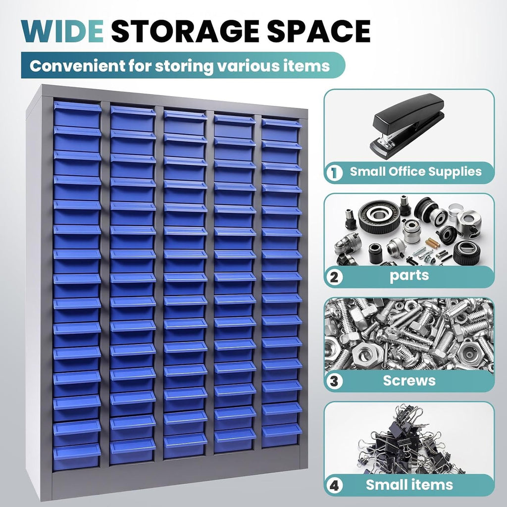 75 Drawers Parts Cabinet, Alloy Steel Tool Storage with Dividers, Nut and Bolt Organizer 25.8''L× 8.66''W×46''H, 44.5lbs Capacity for Tool Harware and Workshop, Blue (75 Drawers)