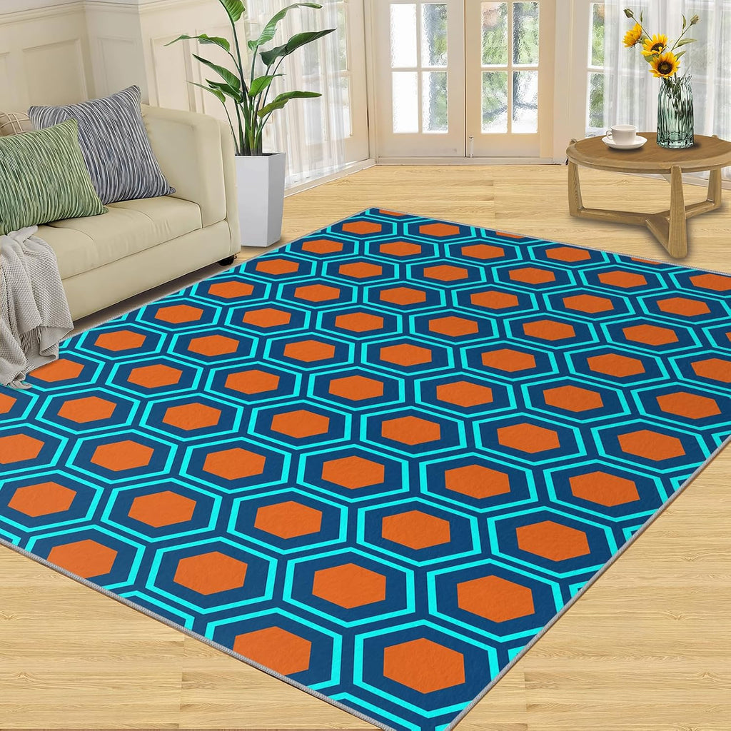 Mid-Century Geometry Art Area Rug, Orange Blue Hexagon Rugs for Living Room, Indoor Non-Slip Kids Rugs, Machine Washable Breathable Durable Carpet for Front Entrance Floor Decor,6 x 8ft