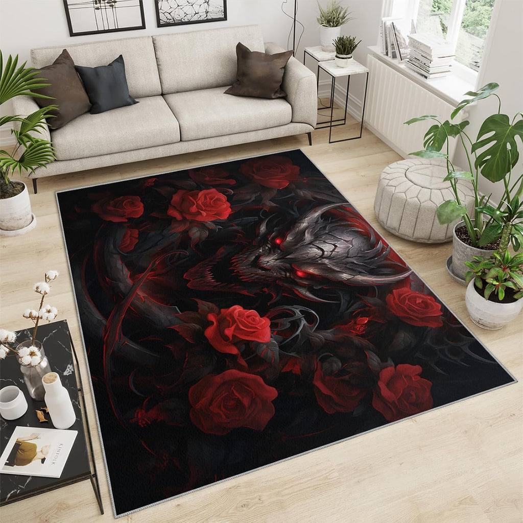 Red Rose Rug for Kids Room - 6x8 Large Rug, Giant Dragon Rugs for Bedroom Black and Red Dragon Flower Area Rugs for Living Room Home Decor Washable Rug