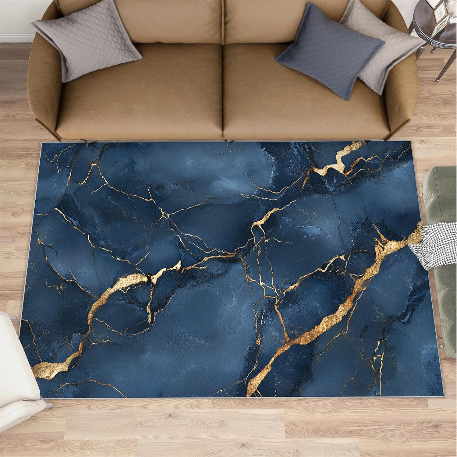 Blue Marble Area Rug 6x8, Marble Rugs for Living Room, Golden Cracks Bedroom Rug, Machine Washable Rugs for Sofa Kitchen Dining, Non-Slip Home Decor Carpet