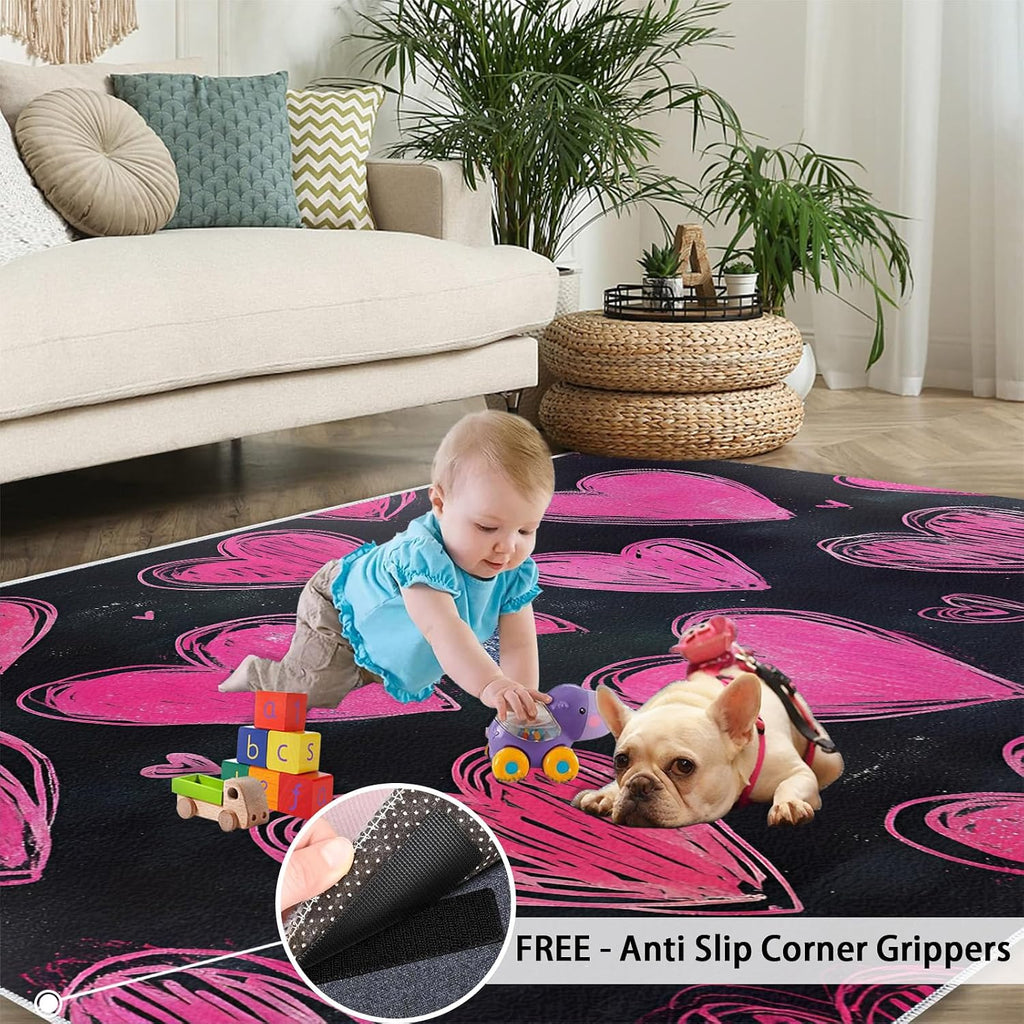 Pink Love Area Rug Large - 6x8 Rug, Black Rugs for Living Room, Romantic Area Rugs for Bedroom, Kids Washable Carpet, Love Home Decor & Gifts