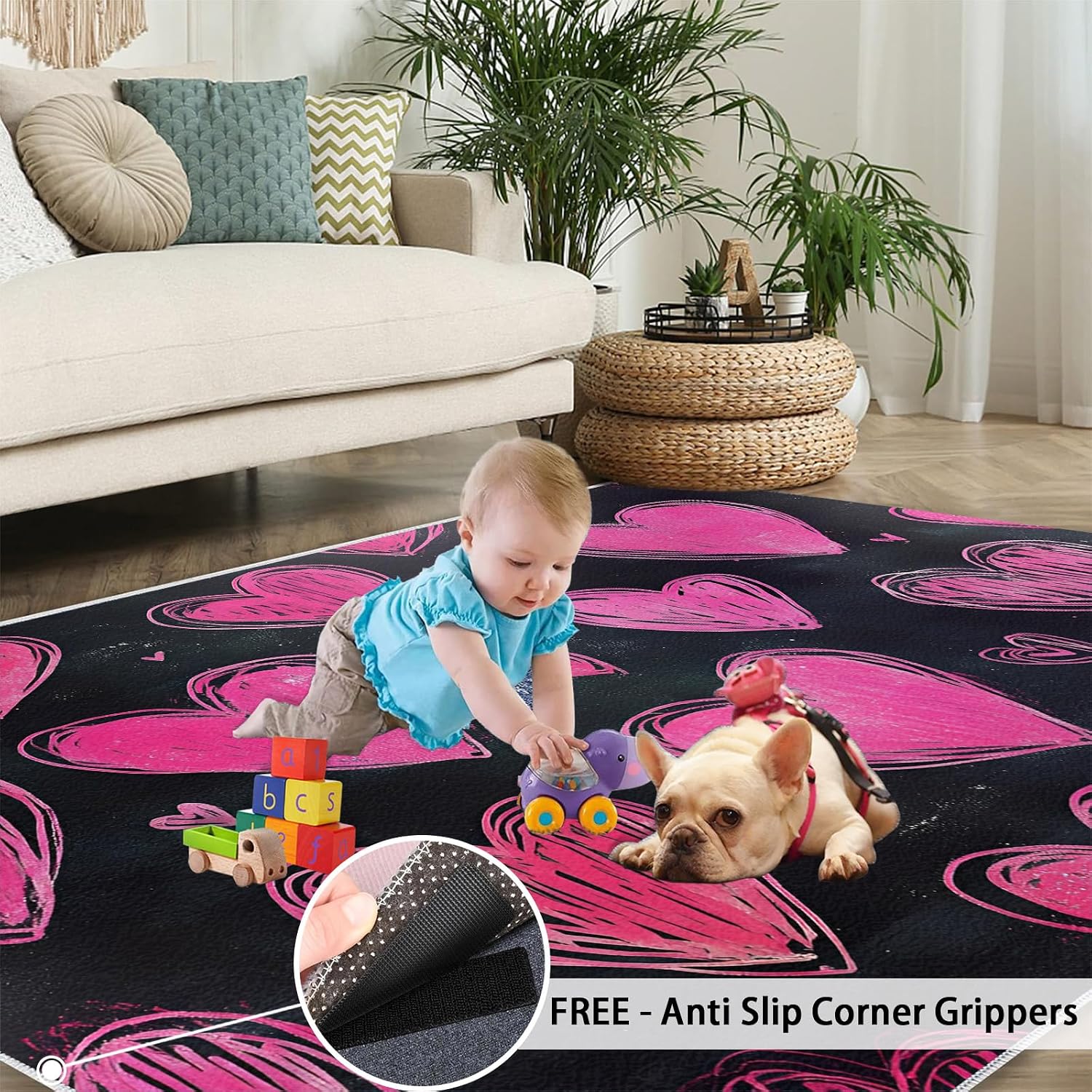 Pink Love Area Rug Large - 6x8 Rug, Black Rugs for Living Room, Romantic Area Rugs for Bedroom, Kids Washable Carpet, Love Home Decor & Gifts