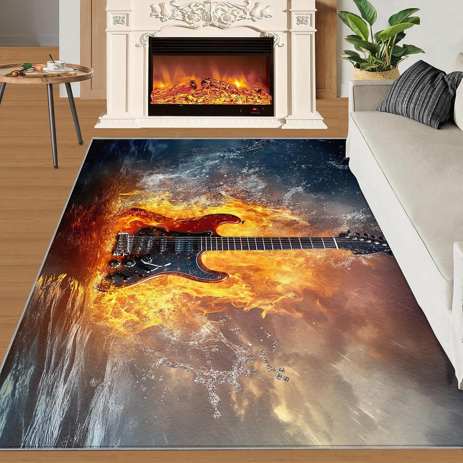 Guitar Area Rug 5x8, Music Rugs for Living Room, Water and Fire Guitar Bedroom Rug, Machine Washable Rugs for Sofa Kitchen Dining, Non-Slip Home Decor Carpet