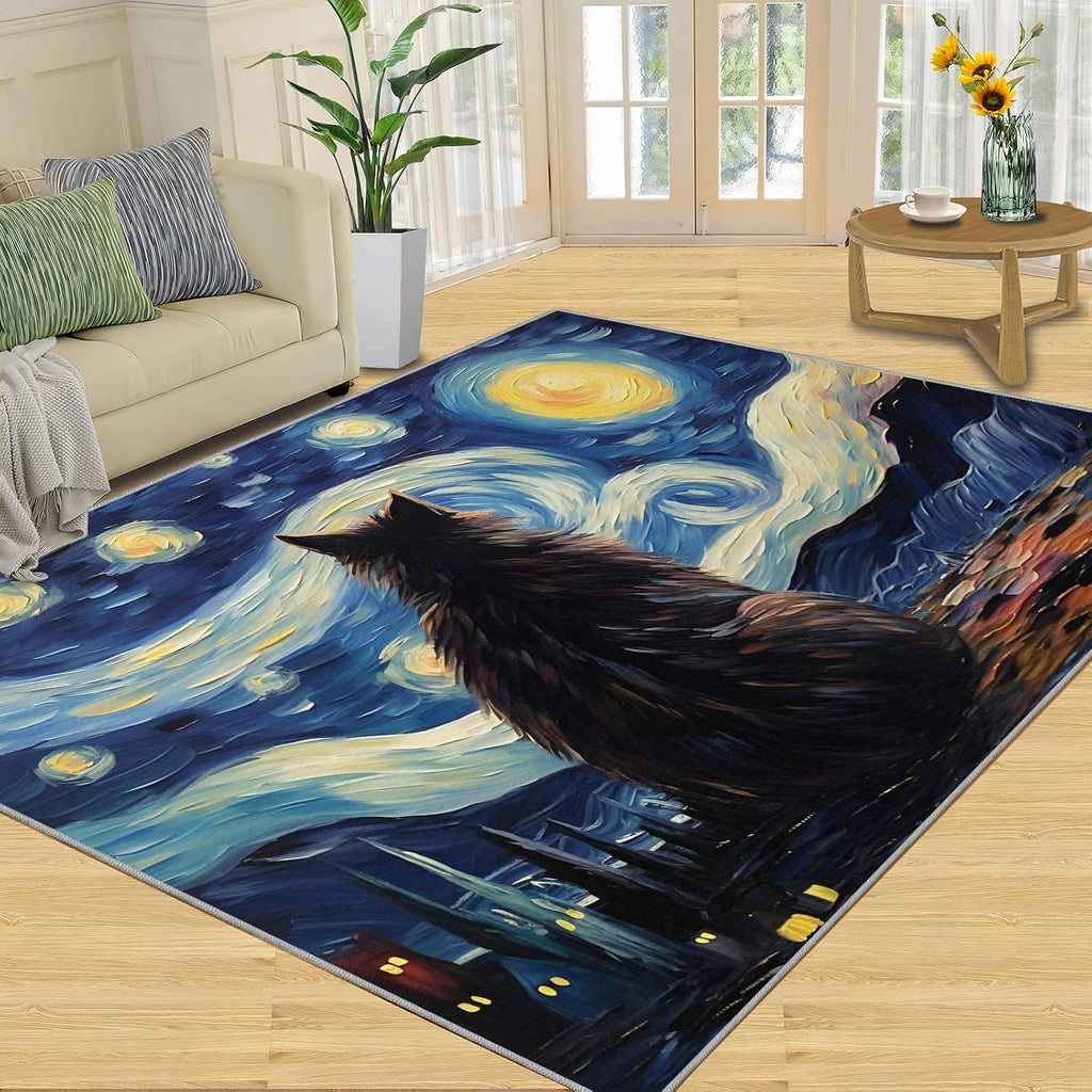 6x8 Area Rug - Starry Sky Cat Large Rugs for Living Room, Night Sky Artistic Animal Painting Carpet Area Rug for Girls Bedroom Kids Room Basement Office Classroom