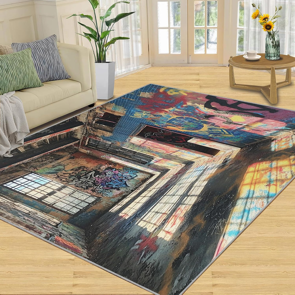 6x8 Graffiti Area Rug - Street Graffiti Large Rugs for Living Room, Ruins Scene Carpet Area Rug for Girls Bedroom Kids Room Basement Office Classroom